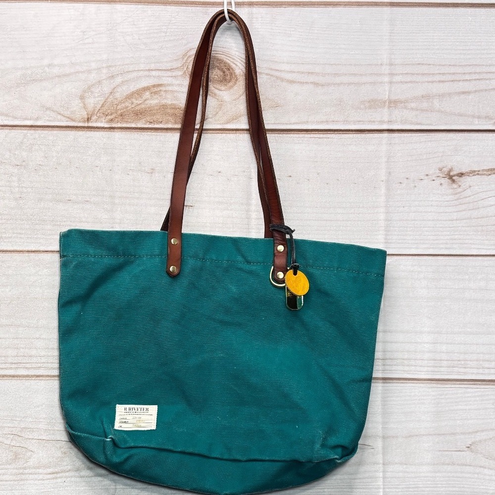 Distressed R. Riveter Teal Green Canvas Tote Bag Leather Strap RR102 Utility Bag